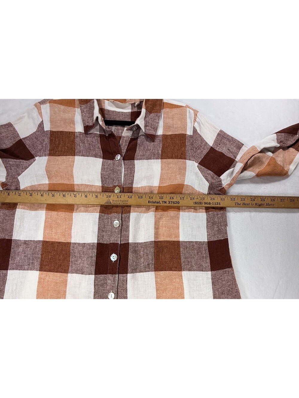 Soft Surroundings XL Linen Blend Plaid Tunic Shirt Rust Brown Button Front - Picture 9 of 13